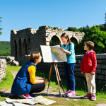 A family of four (two parents, two children) exploring ancient ruins under a clear sky. The children, fully clothed in modest, comfortable travel attire, are attentively looking at an old map held by a parent, engaging in an outdoor history lesson. The scene emphasizes curiosity and discovery, with crumbling stone structures and lush greenery in the background. Natural pose, perfect anatomy, correct proportions, well-formed hands, proper finger count, natural body proportions. Professional photography, high detail, vibrant colors, appropriate content, safe for work, family-friendly.