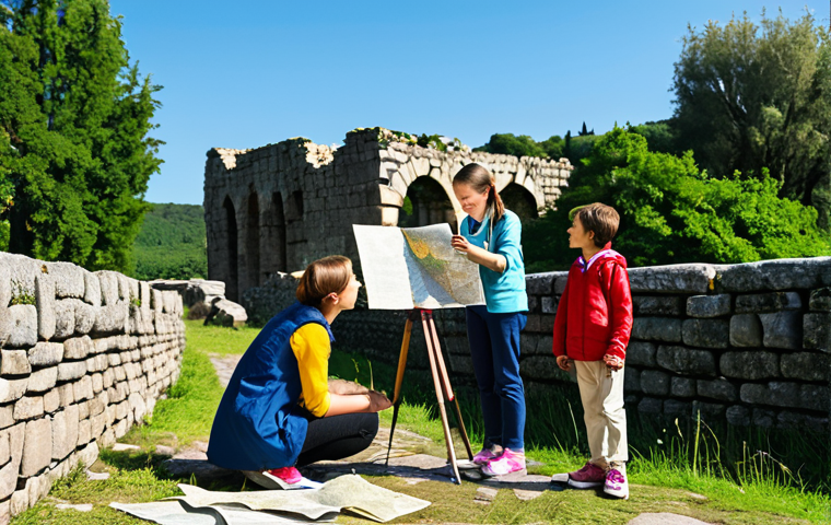 A family of four (two parents, two children) exploring ancient ruins under a clear sky. The children, fully clothed in modest, comfortable travel attire, are attentively looking at an old map held by a parent, engaging in an outdoor history lesson. The scene emphasizes curiosity and discovery, with crumbling stone structures and lush greenery in the background. Natural pose, perfect anatomy, correct proportions, well-formed hands, proper finger count, natural body proportions. Professional photography, high detail, vibrant colors, appropriate content, safe for work, family-friendly.