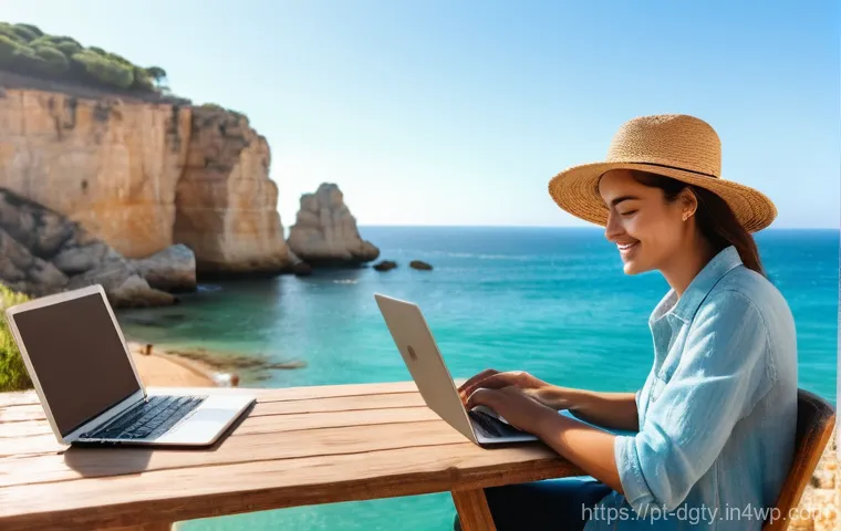 주말 여행을 위한 디지털 노마드 팁 - Image Prompt 1: Coastal Productivity**