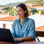 디지털 노마드 직업 추천서 작성 방법 - **Digital Nomad's Focused Productivity:**
    A vibrant, cinematic shot of a confident, casually ele...