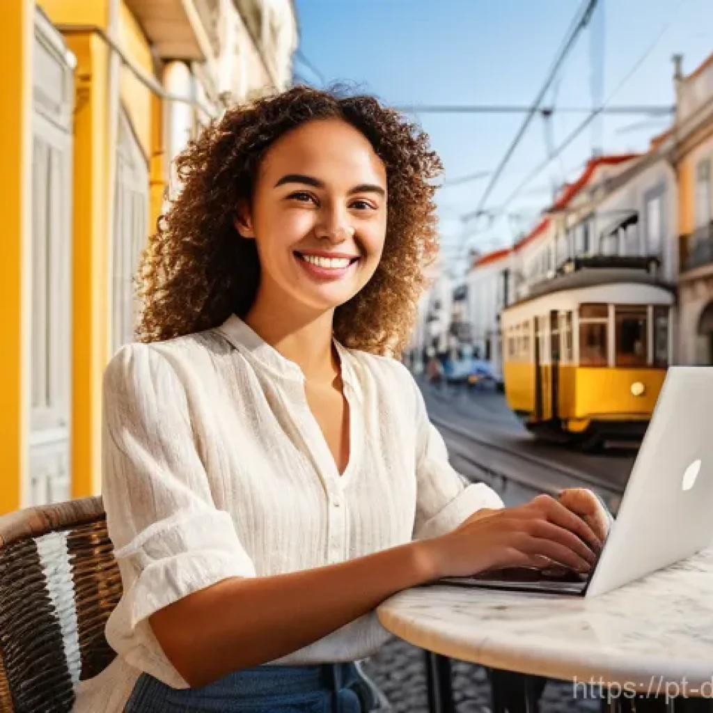 디지털 노마드로서의 브랜드 구축 전략 - **Digital Nomad Working Blissfully in Lisbon Cafe**
    A vibrant and sun-drenched scene of a confid...