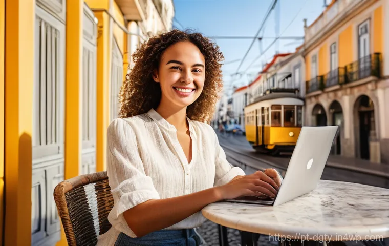 디지털 노마드로서의 브랜드 구축 전략 - **Digital Nomad Working Blissfully in Lisbon Cafe**
    A vibrant and sun-drenched scene of a confid...