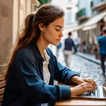 디지털 노마드의 생산성 향상 팁 - **A Focused Digital Nomad in a Lisbon Cafe:**
    An atmospheric, well-lit image of a young adult di...