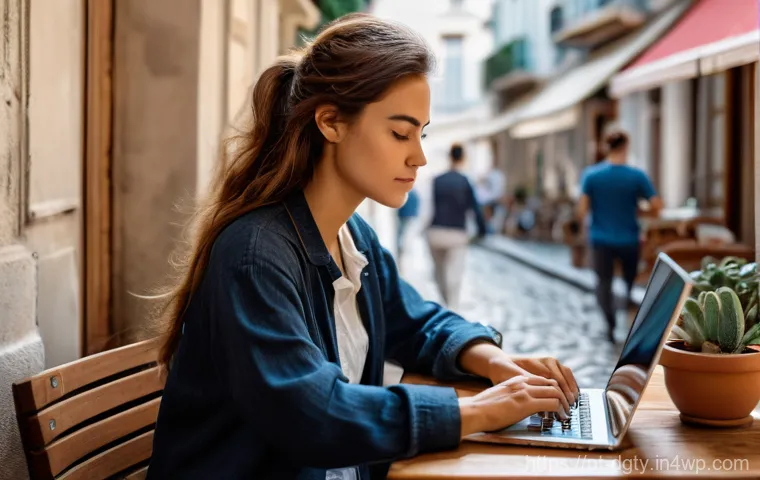 디지털 노마드의 생산성 향상 팁 - **A Focused Digital Nomad in a Lisbon Cafe:**
    An atmospheric, well-lit image of a young adult di...