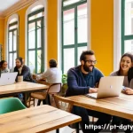 디지털 노마드로서의 네트워킹 전략 - A vibrant coworking café in Lisbon, Portugal, filled with diverse professionals engaged in lively co...