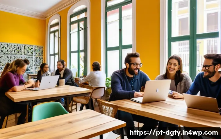 디지털 노마드로서의 네트워킹 전략 - A vibrant coworking café in Lisbon, Portugal, filled with diverse professionals engaged in lively co...