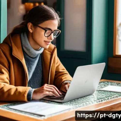 디지털 노마드가 알아야 할 고용 계약 조항 - A professional digital nomad working remotely on a laptop at a cozy café in Lisbon, Portugal, surrou...