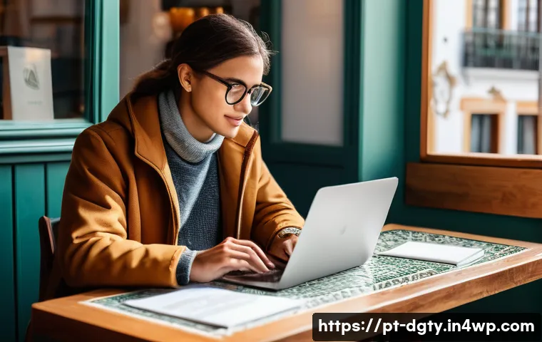 디지털 노마드가 알아야 할 고용 계약 조항 - A professional digital nomad working remotely on a laptop at a cozy café in Lisbon, Portugal, surrou...