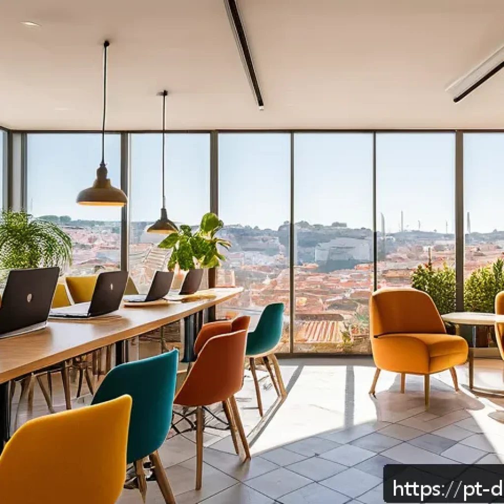 디지털 노마드 커뮤니티 참여 방법 - A vibrant coworking space in Lisbon filled with diverse digital nomads working on laptops, engaging ...