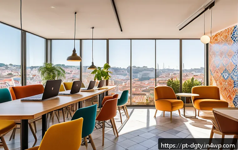 디지털 노마드 커뮤니티 참여 방법 - A vibrant coworking space in Lisbon filled with diverse digital nomads working on laptops, engaging ...