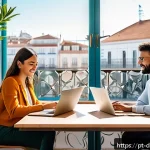 디지털 노마드가 맞붙는 경쟁과 기회 - A diverse group of remote workers collaborating in a bright, modern coworking space in Lisbon, Portu...