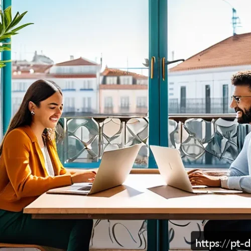 디지털 노마드가 맞붙는 경쟁과 기회 - A diverse group of remote workers collaborating in a bright, modern coworking space in Lisbon, Portu...