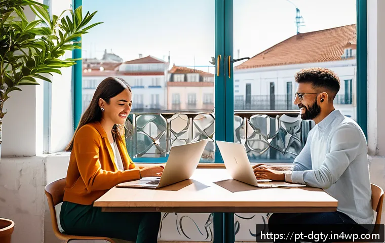 디지털 노마드가 맞붙는 경쟁과 기회 - A diverse group of remote workers collaborating in a bright, modern coworking space in Lisbon, Portu...