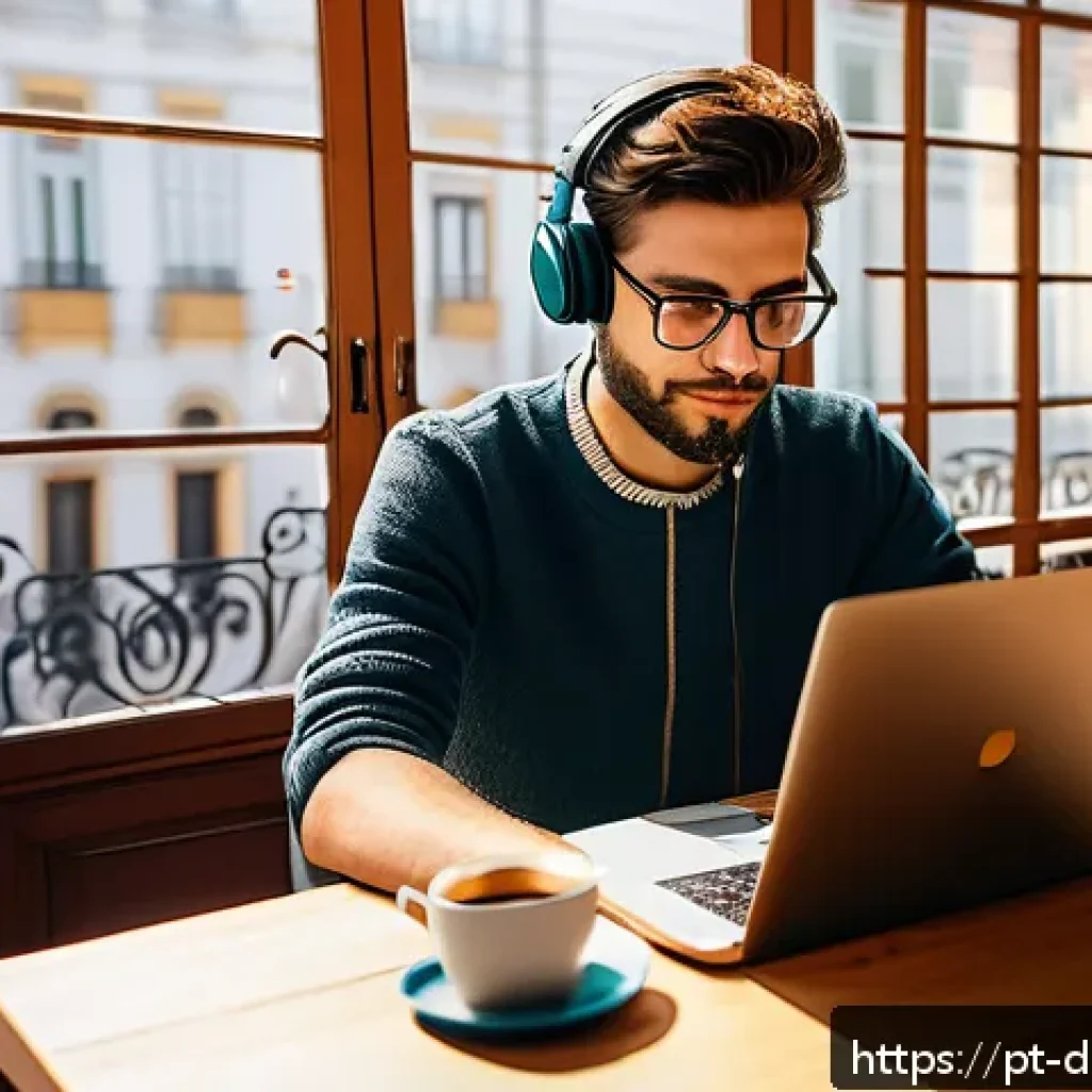 디지털 노마드의 일과 삶의 균형 맞추기 - A focused digital nomad working on a laptop at a cozy, sunlit café in Lisbon, Portugal, wearing casu...