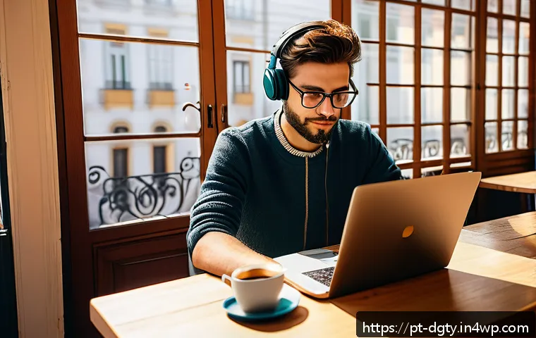 디지털 노마드의 일과 삶의 균형 맞추기 - A focused digital nomad working on a laptop at a cozy, sunlit café in Lisbon, Portugal, wearing casu...