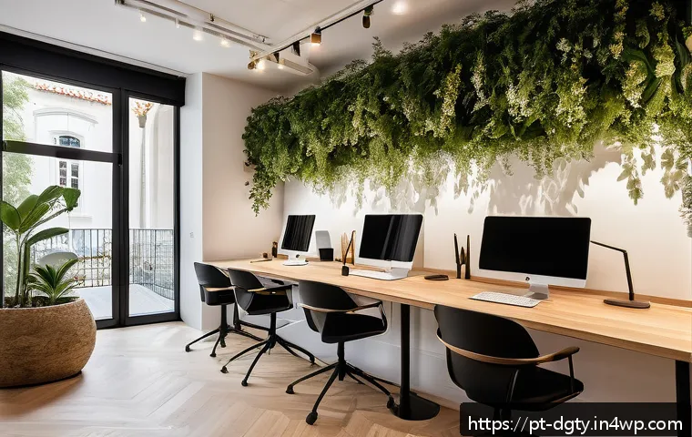 디지털 노마드의 새로운 트렌드 - A vibrant coworking space in Lisbon featuring modern interior design with ergonomic desks, high-spee...