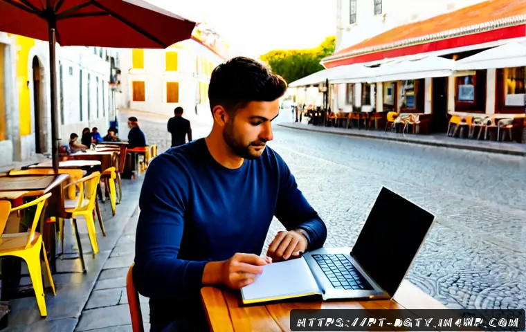 Home 30 디지털 노마드가 추천하는 도서 목록 - Photorealistic travel-work scene in a sunny Lisbon café terrace, a relaxed Portuguese-speaking digit...