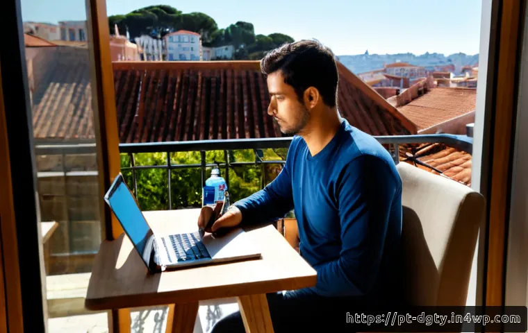 Home 17 디지털 노마드의 동기 부여와 자기 관리 - Photorealistic remote worker in a bright Lisbon apartment, focused adult seated at a tidy wooden des...