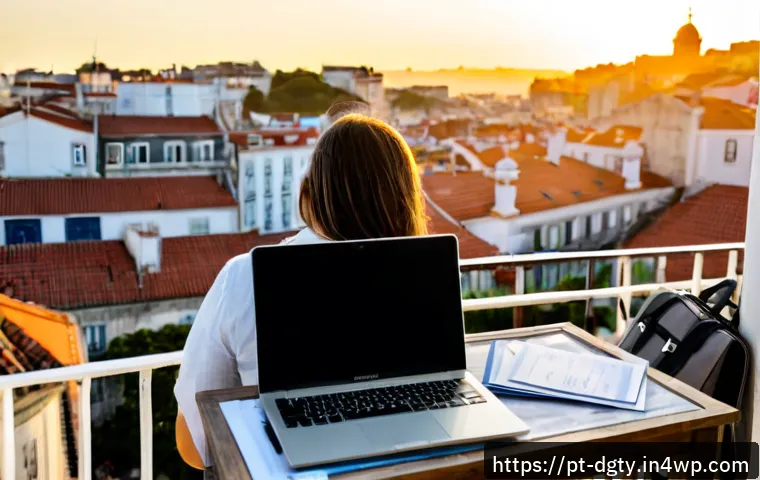 Home 17 디지털 노마드가 주의해야 할 법적 이슈 - Photorealistic digital nomad working from a bright Lisbon apartment balcony, mature professional rev...